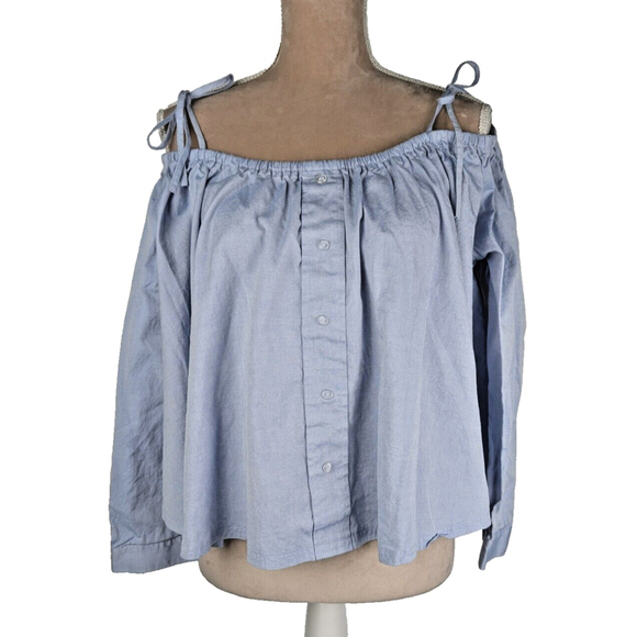 Sandy Liang Women's Blue Off Shoulder Hammond Top 42 US 10 Peasant Boho Oversize - Picture 1 of 9